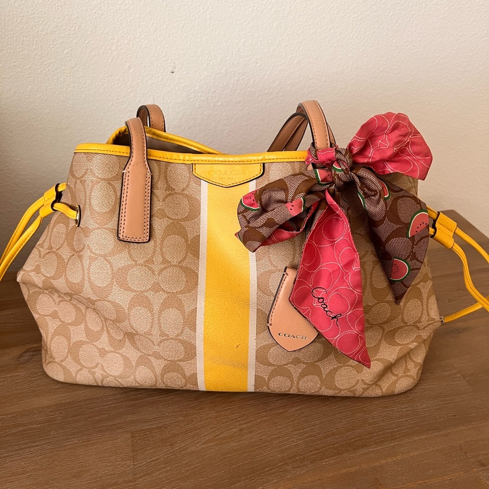 Coach Tan and Yellow Satchel with Vibrant Scarf